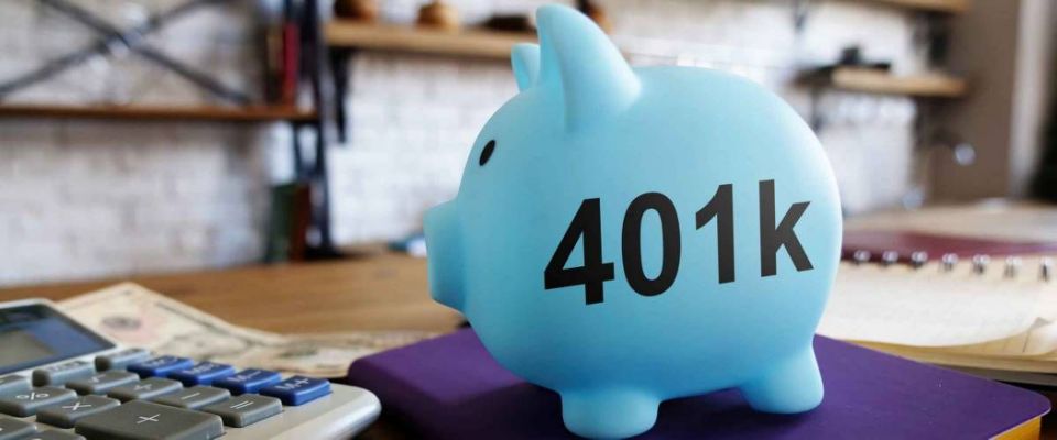 401k pension plan concept. Piggy bank and money at the kitchen.