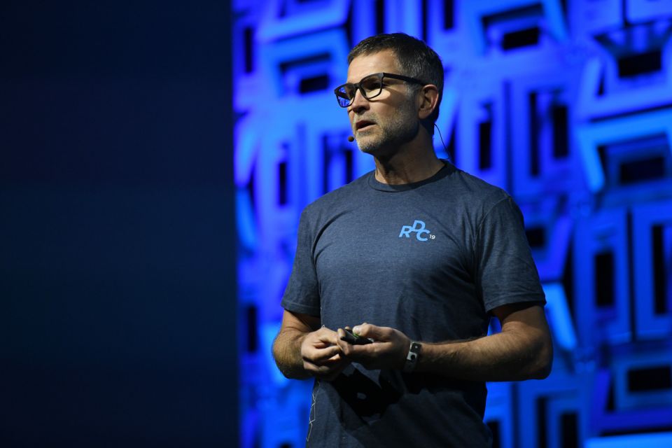 BURLINGAME, CALIFORNIA - AUGUST 10: David Baszucki, founder and CEO of Roblox, presents at the Roblox Developer Conference on August 10, 2019 in Burlingame, California. (Photo by Ian Tuttle/Getty Images for Roblox)