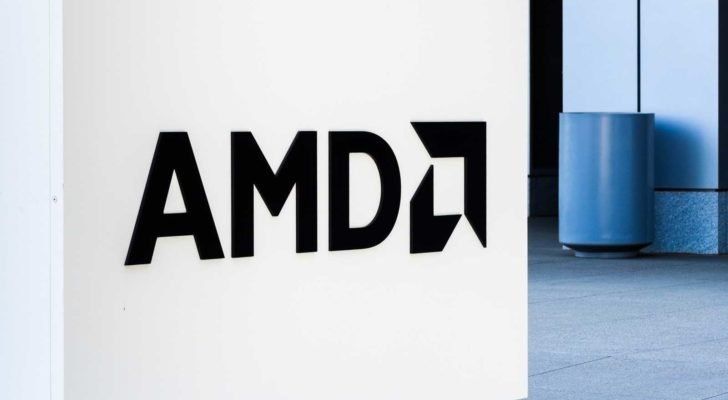 Image of the Advanced Micro Devices (AMD) logo outside of a corporate building