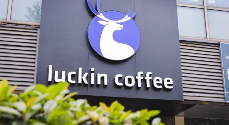 close up luckin coffee&#39;s logo coffee brand in Shanghai, June 2019.