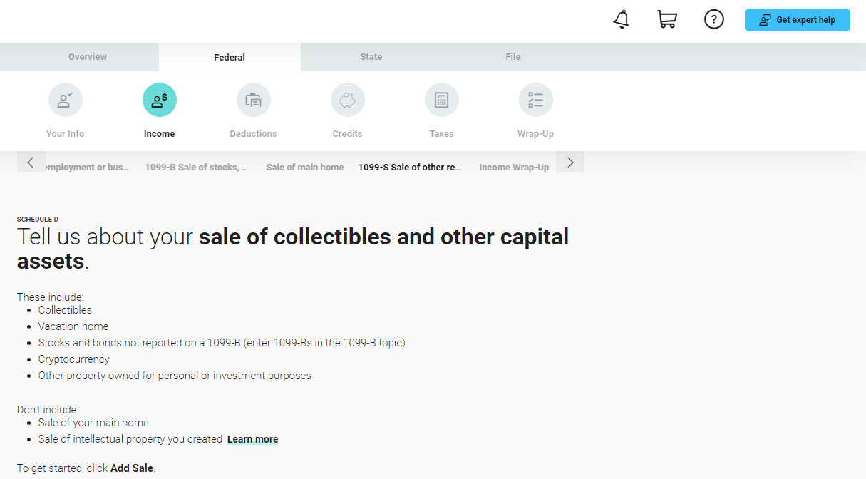 Capital assets page in H&R Block