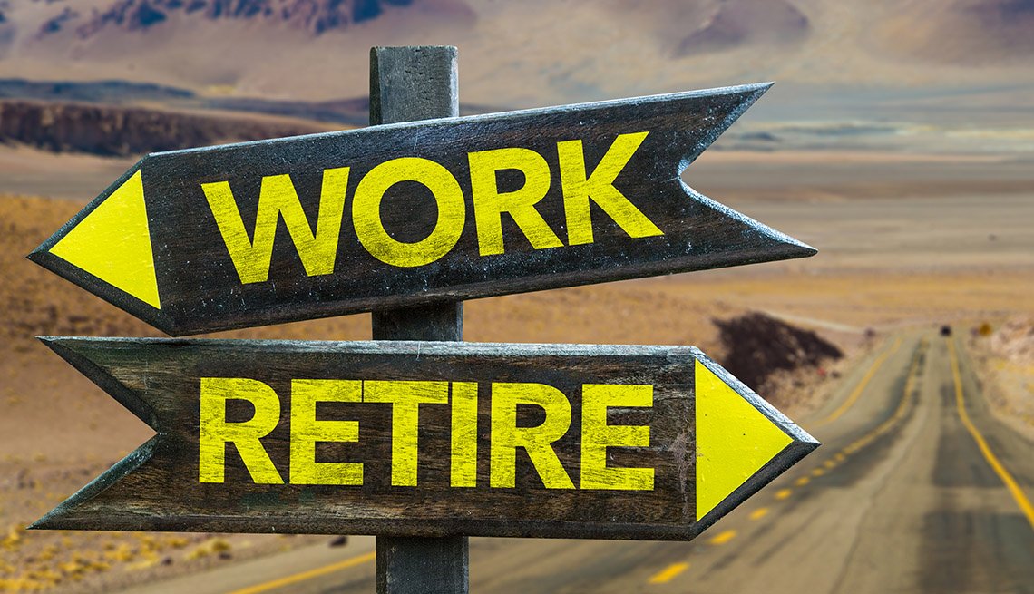 a wood sign with yellow lettering pointing to "Work" in one direction, and to "Retire" in another direction, is superimposed over a landscape of a long road and horizon