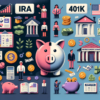 IRA (Individual Retirement Account) and a 401(k) plan, highlighting their differences in terms of personal management and employer involvement.